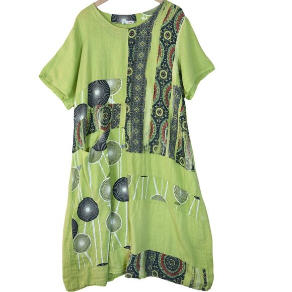 Made in Italy 100% Linen Patchwork Print Duster Dress Green Artsy Boho Oversized - Picture 1 of 10